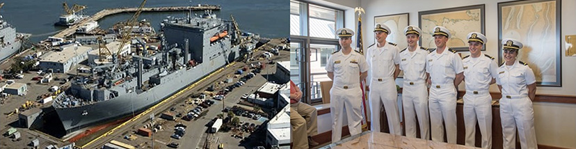 U.S. Navy ships in shipyard and cadets in uniform