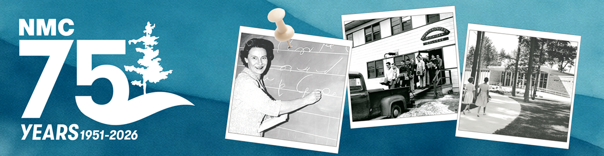 NMC 75th History Anniversary graphic and black-and-white pictures of campus events