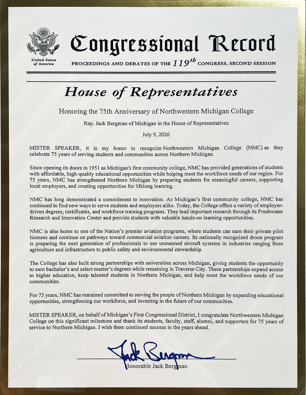 Proclamation recognizing NMC's 75th anniversary