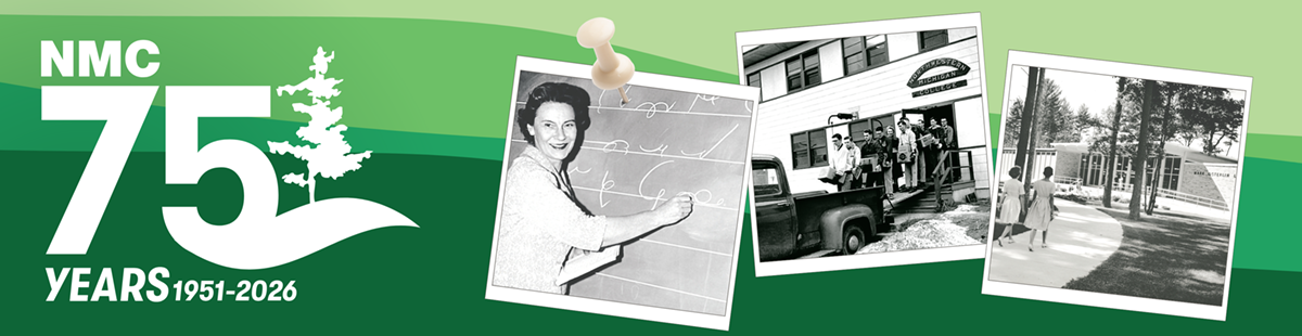 NMC 75th History Anniversary graphic and black-and-white pictures of campus events