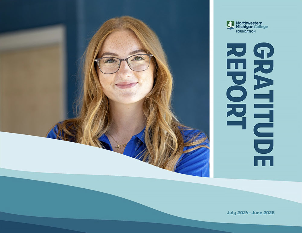 Annual report cover image with photo of NMC Aviation program student