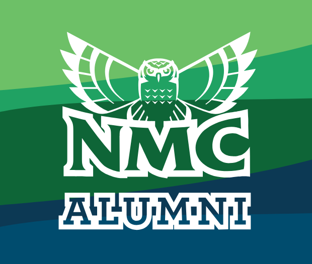 NMC Alumni logo with fireworks in the background