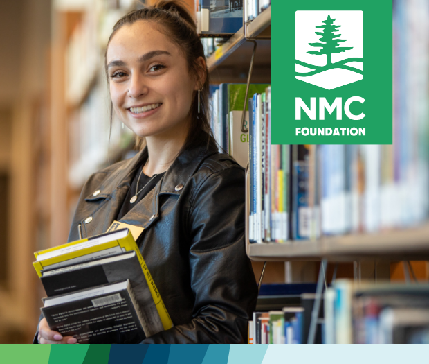 Student with books at Library and NMC Foundation Badge logo