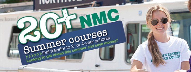 20 summer courses graphic showing NMC student in front of the research vessel Northwestern