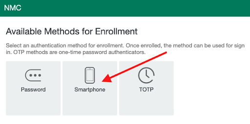 Available methods for enrollment include password, smartphone and a time-based one-time password