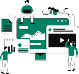 Graphic of people interacting with computer screens and document icons