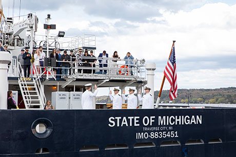 A Great Lakes Maritime Academy graduation ceremony on the aft deck of the T/S State of Michigan