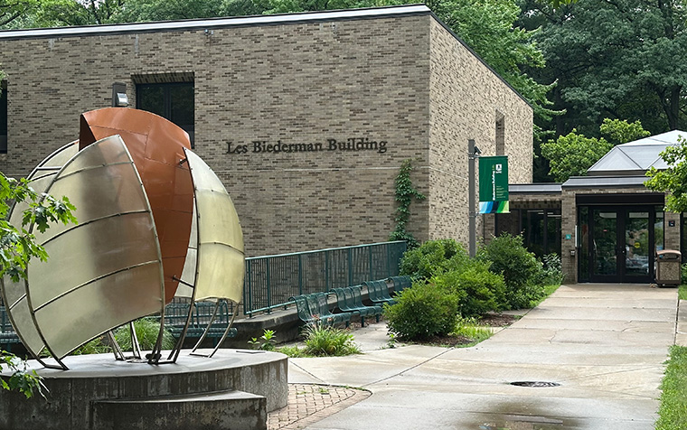 Sculpture in front of the Biederman Building on NMC's Front Street Campus