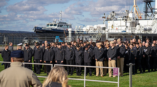 A Great Lakes Maritime Academy Mariners Memorial service on the Great Lakes Campus harbor