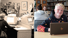 Old and new photos of NMC students using computers for online education