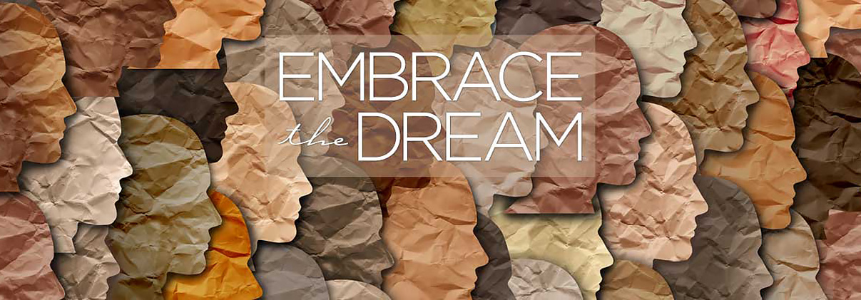 Embrace the dream illustration showing overlapping silhouettes of people's faces
