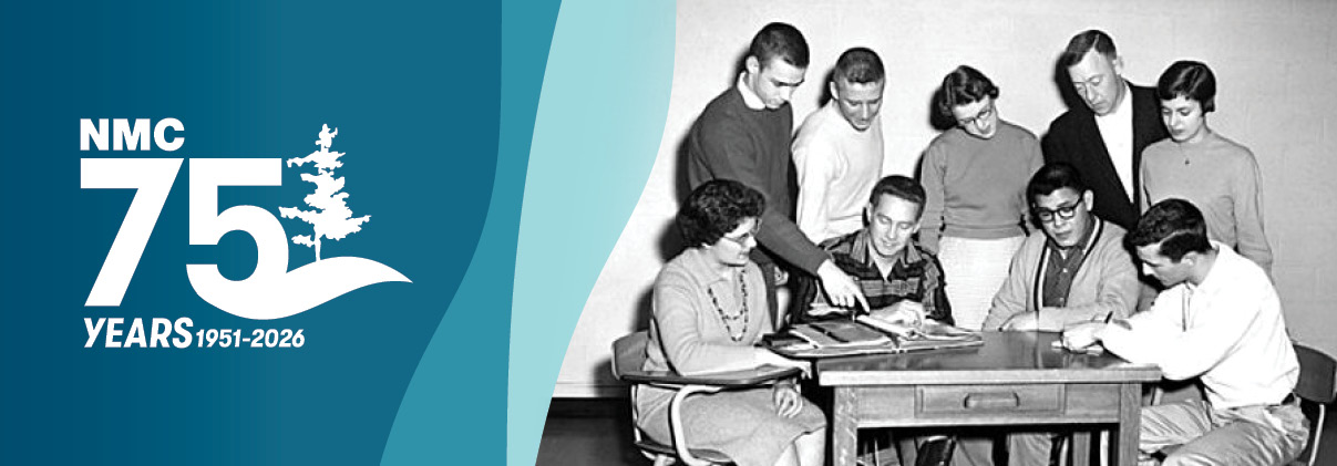 NMC's 75th anniversary logo, 1951 to 2026, and black-and-white photo of students dancing at a college event