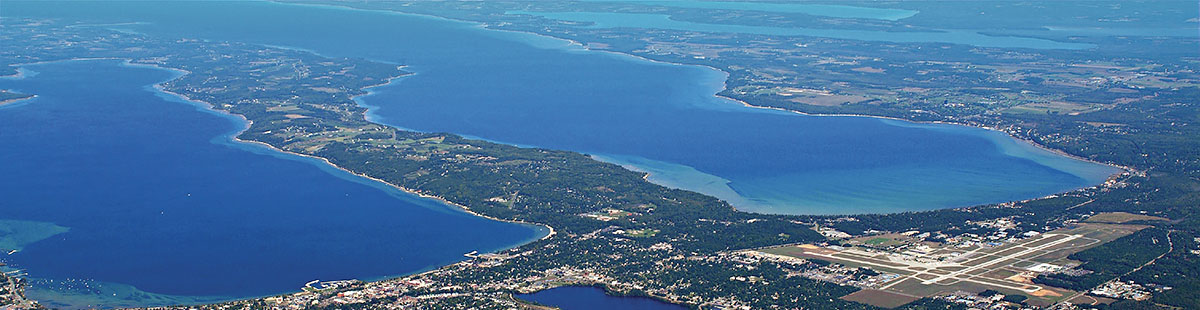 An aerial view of Grand Traverse Bay, showing the location of NMC's Great Lakes Campus and Freshwater Studies Program