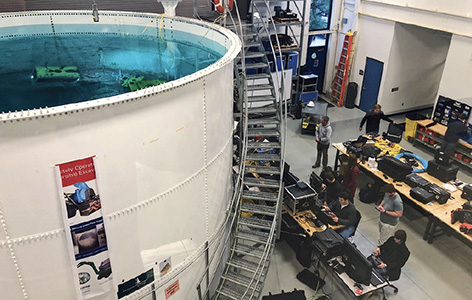 The 60,000-gallon research and training water tank on the Aero Park campus used for testing remotely operated vehicles (ROVs)
