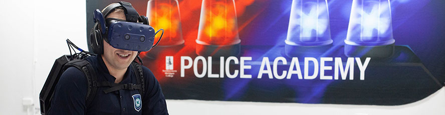 An NMC Police Academy law enforcement student uses VR goggles in a training session