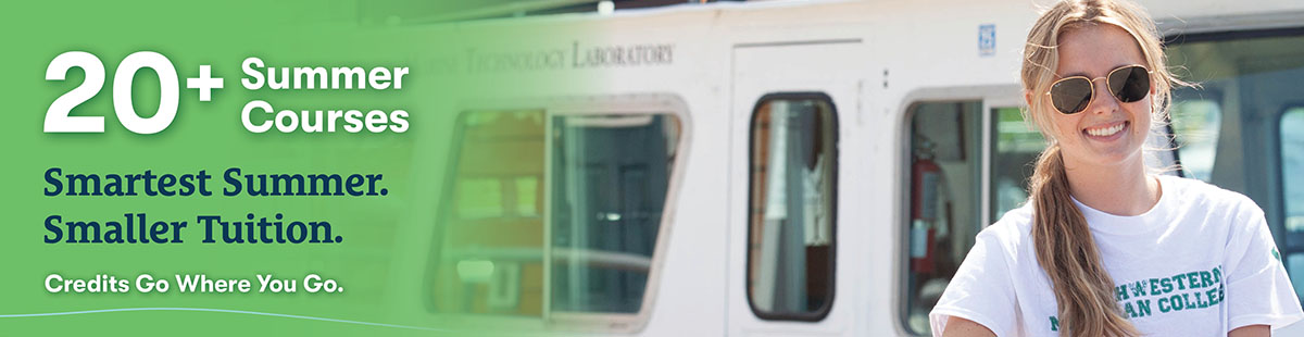 A smiling NMC student stands in front of the research vessel Northwestern