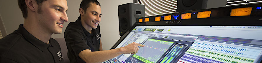 NMC Audio Technology program students check out the program's state-of-the-art Raven MTX multi-touch production mixing console