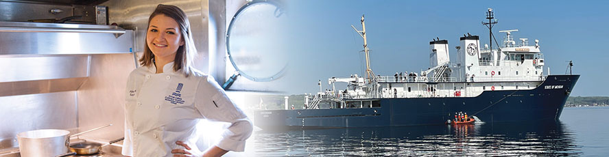 A student in NMC's Culinary Maritime program and the T/S State of Michigan