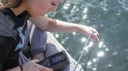 Woman with water measuring device