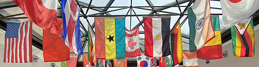 Photo of world flags in the atrium between NMC's Tanis and Biederman buildings