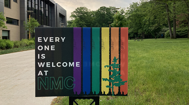 NMC PRIDE sign outside the Timothy J. Nelson Innovation Center