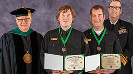 NMC Marine Technology bachelor's degree graduates, President Tim Nelson and GLMA Superintendent Jerry Achenbach