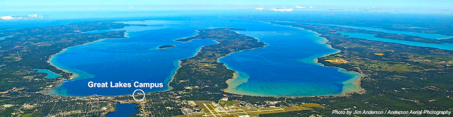 Aerial view of Traverse City showing NMC's Great Lakes campus, home to the Great Lakes Water Studies Institute and NMC's Freshwater Studies program
