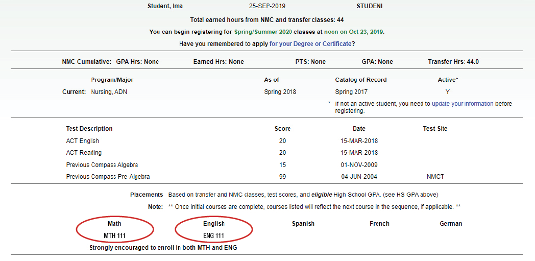 Placement Test Scores Chart